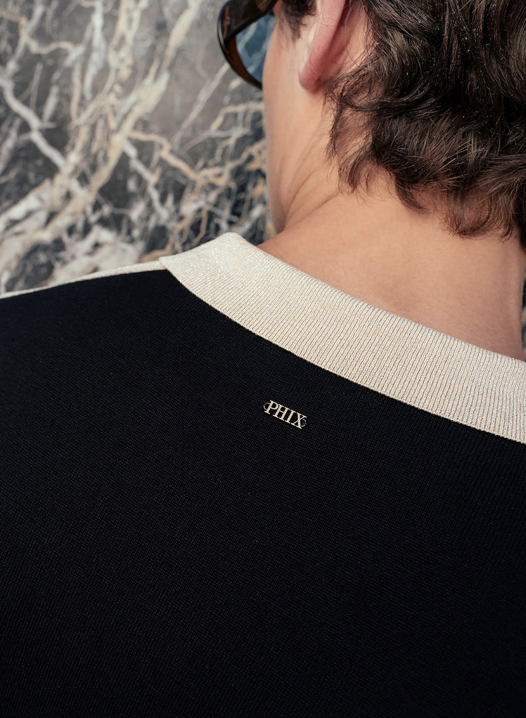 Black Metallic Gold V-Neck Cotton Polo