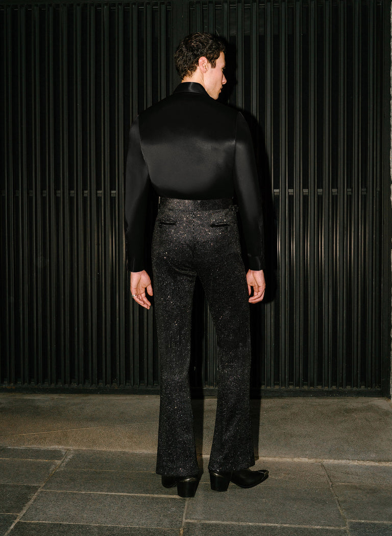 Black Silver Micro Dot Velvet Flare Trousers