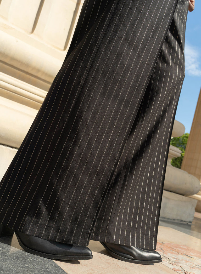 Black High Waisted Silver Pinstripe Side Buckle Flare Trousers