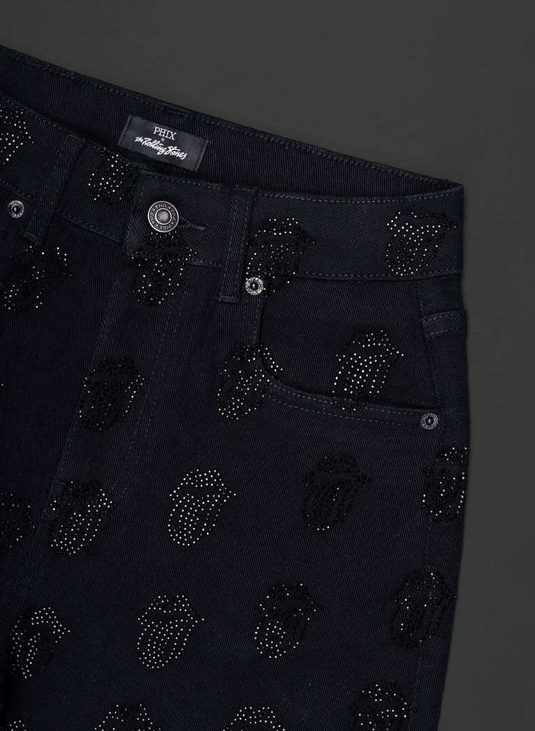 Phix X Rolling Stones Denim Rhinestone Tongue Denim Flares