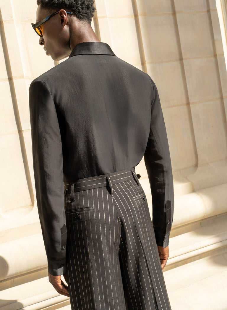 Black High Waisted Silver Pinstripe Side Buckle Flare Trousers