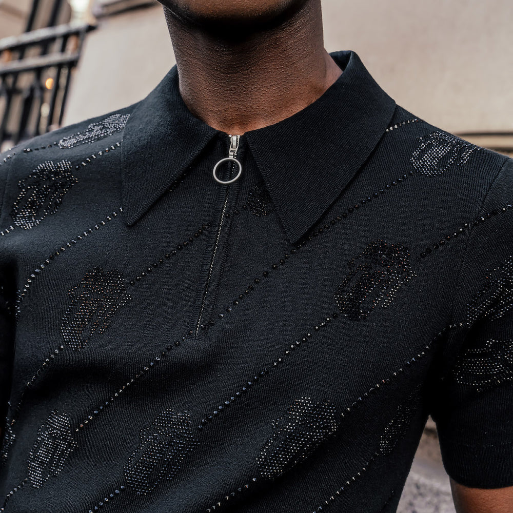 Phix X Rolling Stones Black Rhinestone Tongue Cotton Polo & Phix