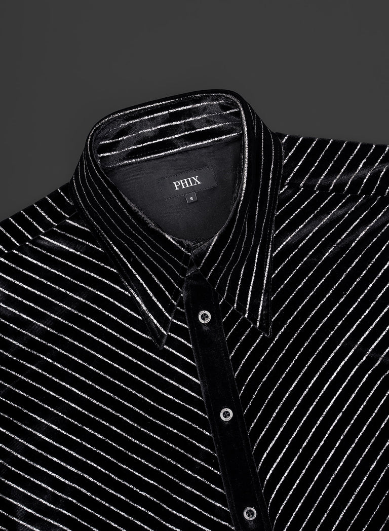 Black Velvet Metallic Silver Pin Stripe Shirt