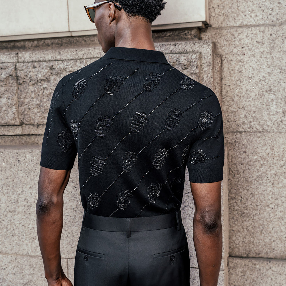 Phix X Rolling Stones Black Rhinestone Tongue Cotton Polo & Phix