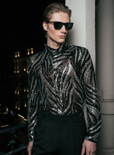 Black and Silver Zebra Sequin Embellished Shirt