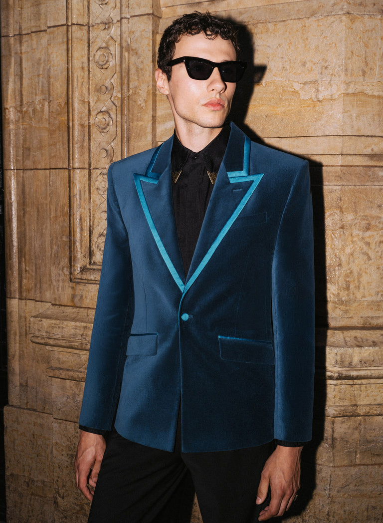 Single Breasted Wide Shoulder Teal Velvet Jacket
