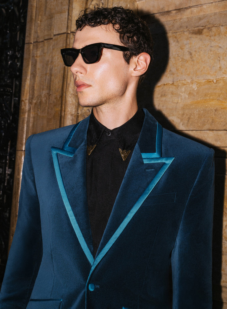 Single Breasted Wide Shoulder Teal Velvet Jacket