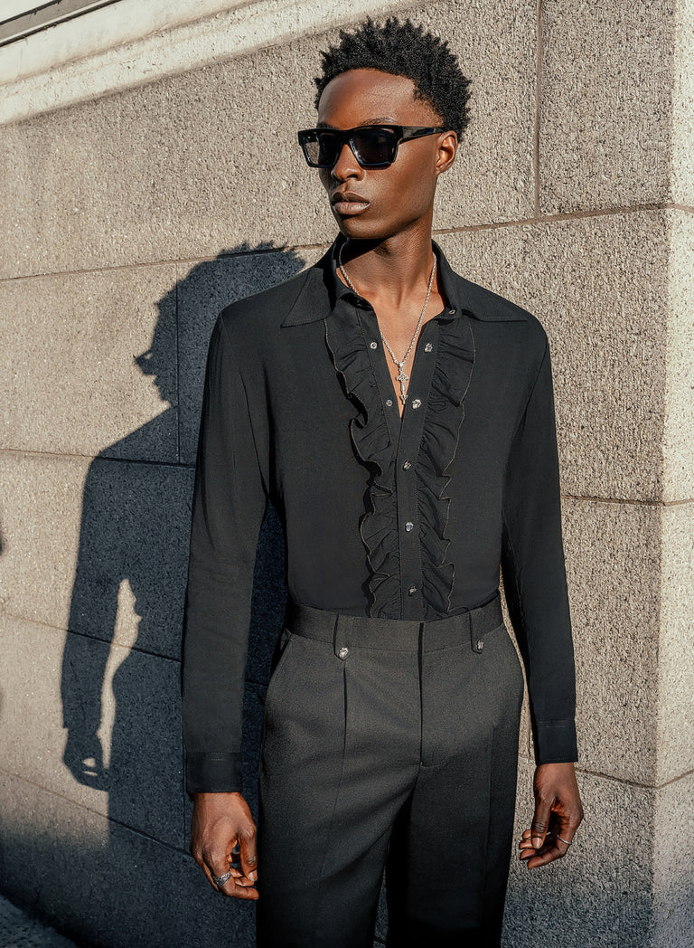 Phix X Rolling Stones Metal Tongue Button Black Ruffle Viscose Shirt