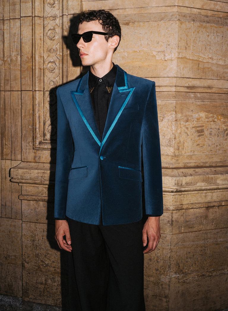 Single Breasted Wide Shoulder Teal Velvet Jacket