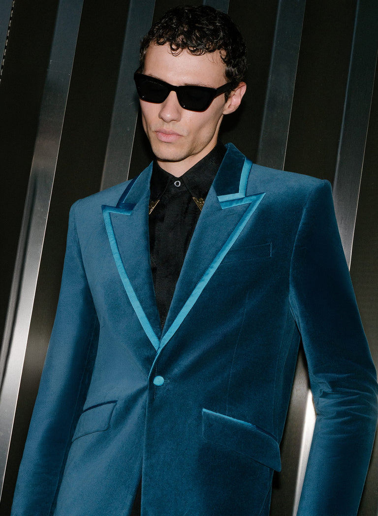 Single Breasted Wide Shoulder Teal Velvet Jacket
