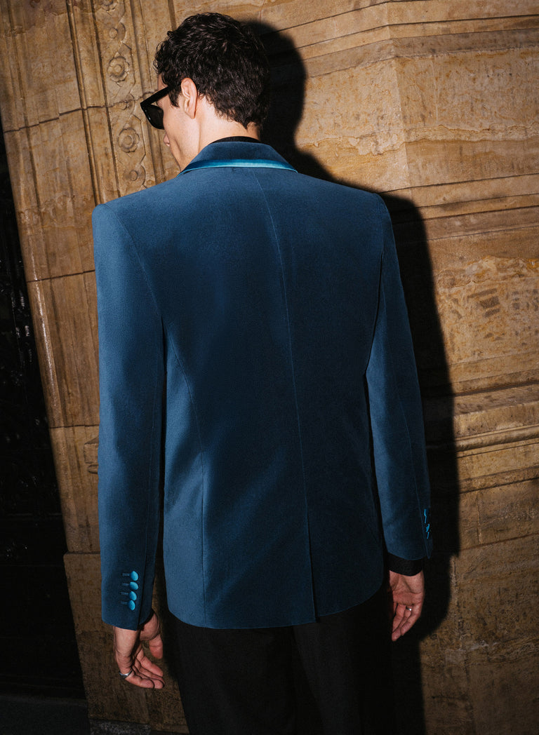 Single Breasted Wide Shoulder Teal Velvet Jacket