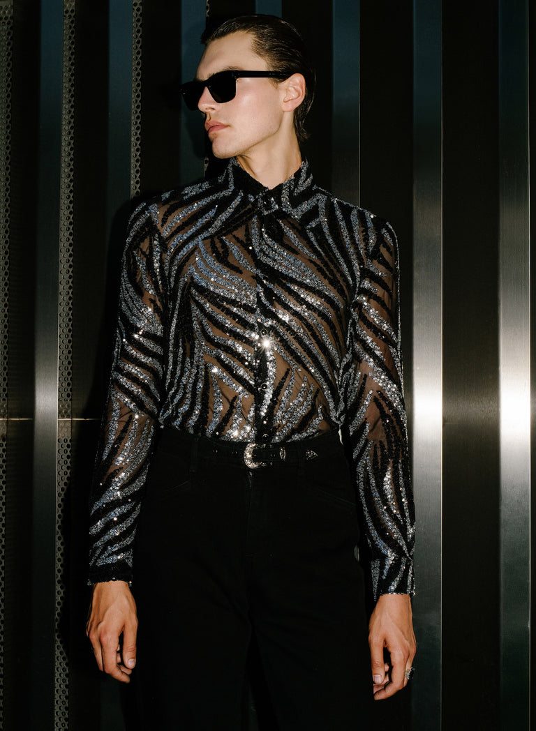 Black and Silver Zebra Sequin Embellished Shirt