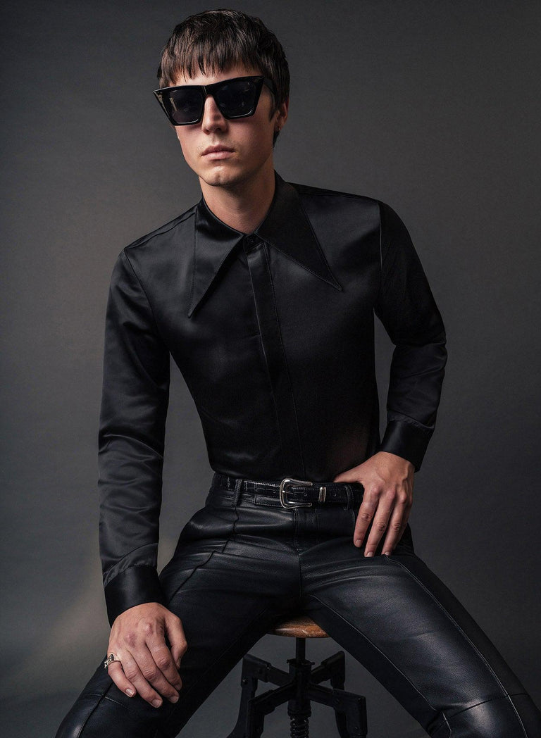 Men’s Retro Knit Polos and Shirt Brands to Buy BLACK SATIN OVERSIZE POINTED COLLAR SHIRT  AT vintagedancer.com