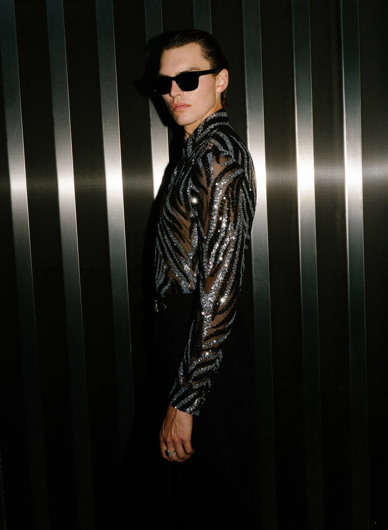 Black and Silver Zebra Sequin Embellished Shirt