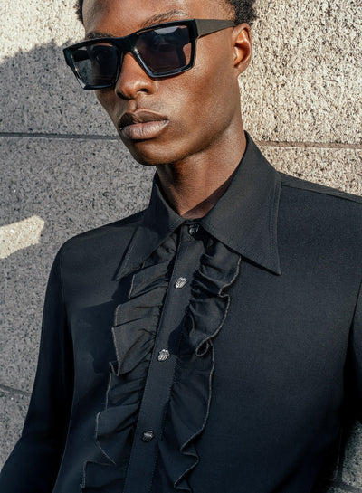 Phix X Rolling Stones Metal Tongue Button Black Ruffle Viscose Shirt