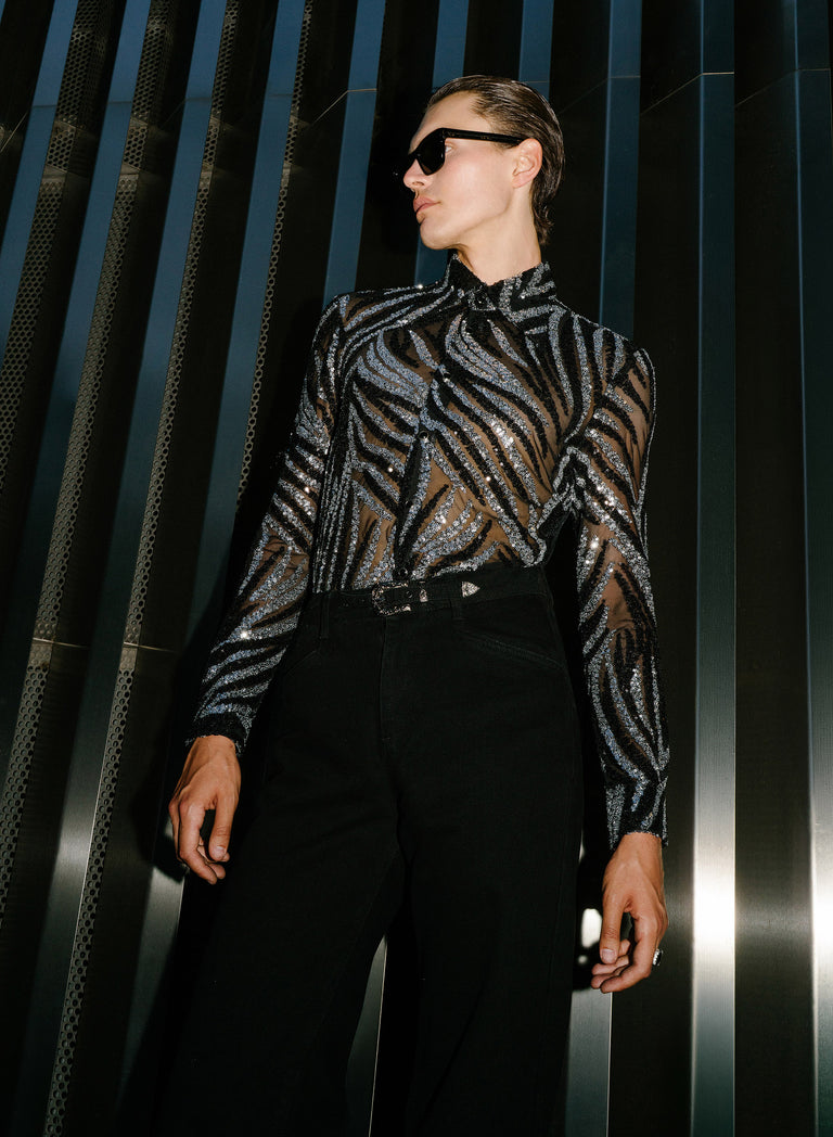 Black and Silver Zebra Sequin Embellished Shirt