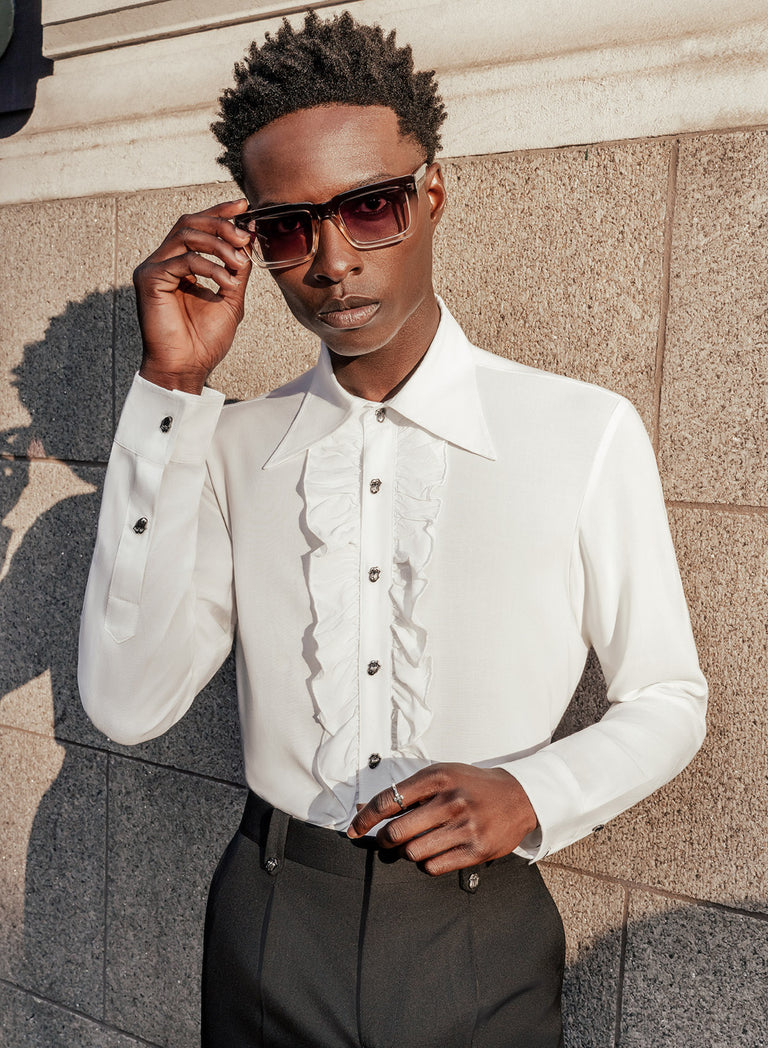 Phix X Rolling Stones Metal Tongue Button White Ruffle Viscose Shirt