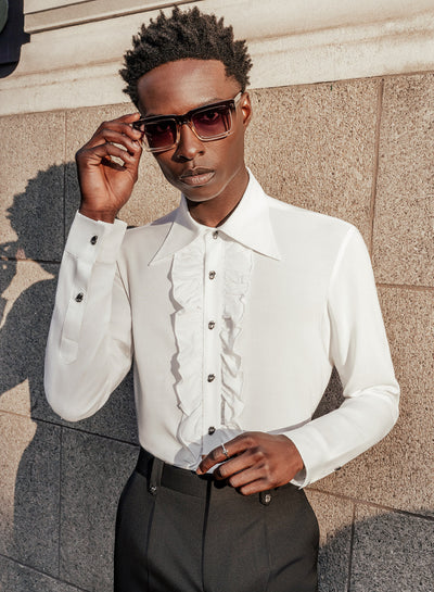 Phix X Rolling Stones Metal Tongue Button White Ruffle Viscose Shirt