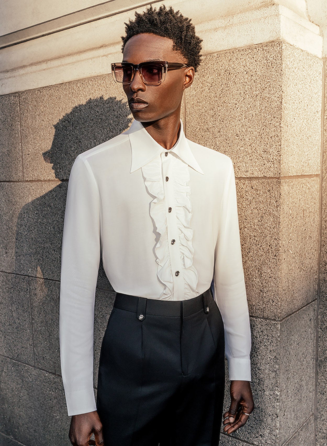 White ruffle mens shirt sales