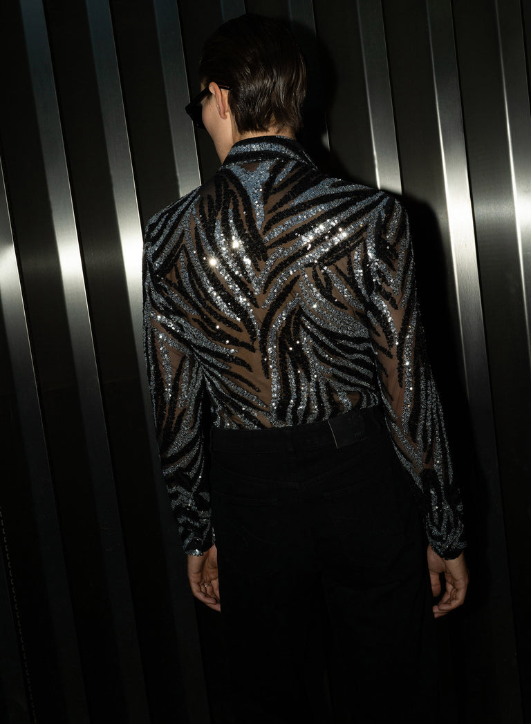Black and Silver Zebra Sequin Embellished Shirt