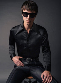 Black Satin Oversize Dagger Collar Shirt