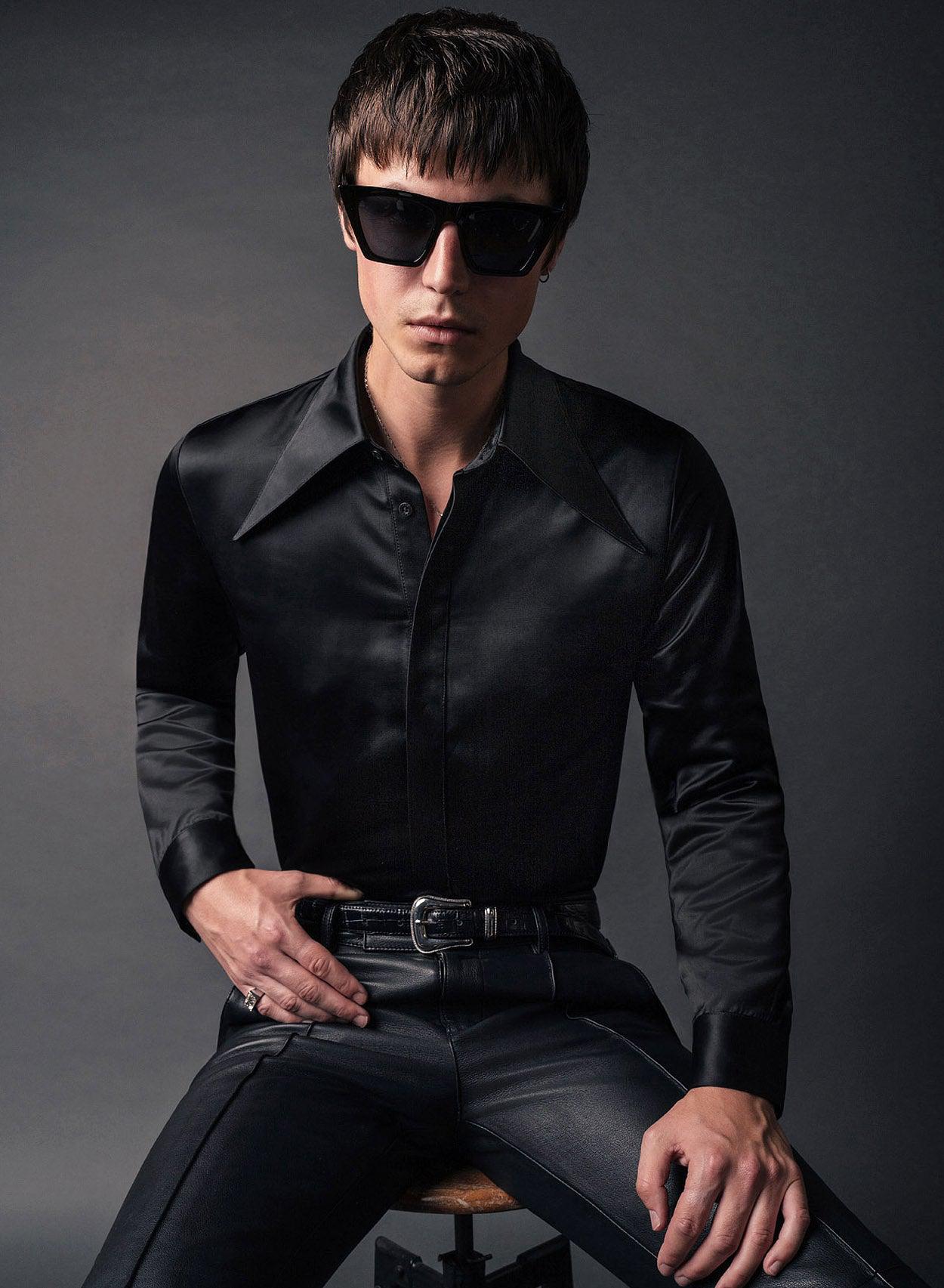 Phix Men's Black Satin Oversize Dagger Collar Shirt In Size Medium - Slim Fit Phix Men's Black Satin Oversize Dagger Collar Shirt In Size Medium - Slim Fit