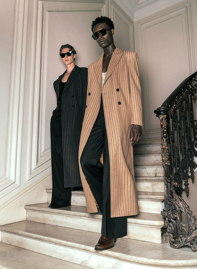 Kensington Double-breasted Striped Wool Beige Coat