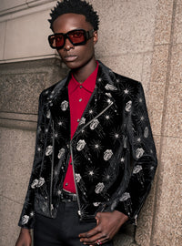 Phix X Rolling Stones Black Velvet Silver Tongue Biker Jacket