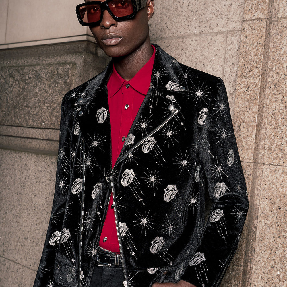 Phix X Rolling Stones Black Velvet Silver Tongue Biker Jacket & Phix