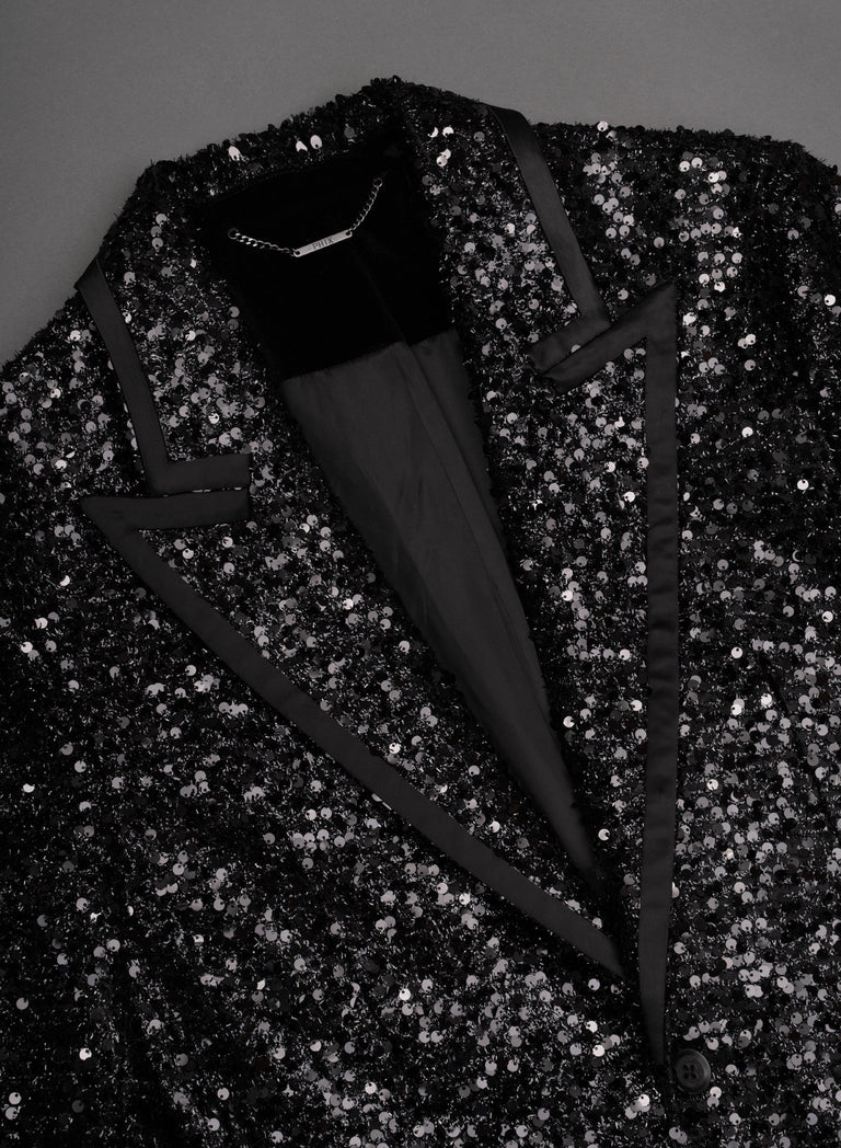 Black Sequin With Satin Trim Lapel Blazer