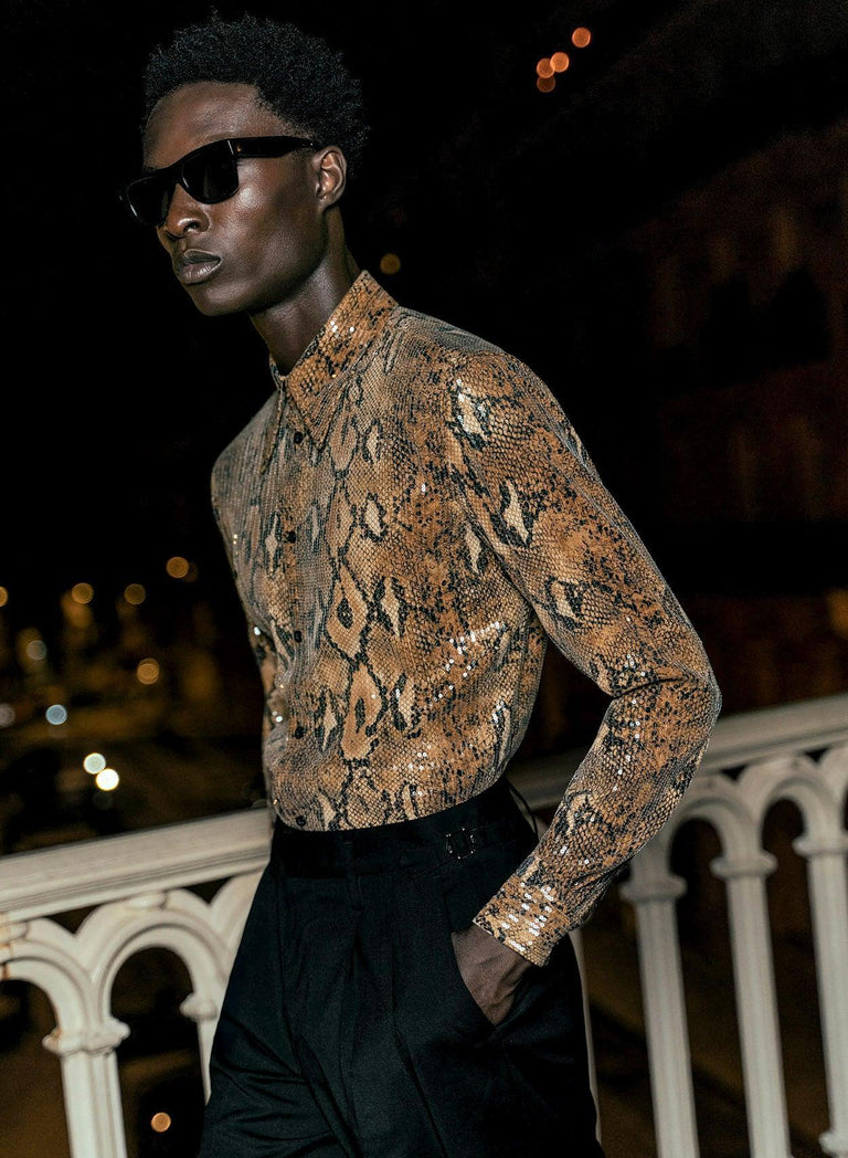 Brown Snake Effect Sequin Shirt