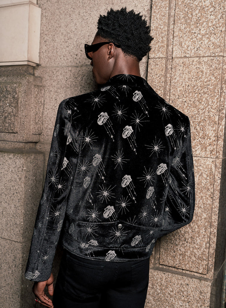 Phix X Rolling Stones Black Velvet Silver Tongue Biker Jacket