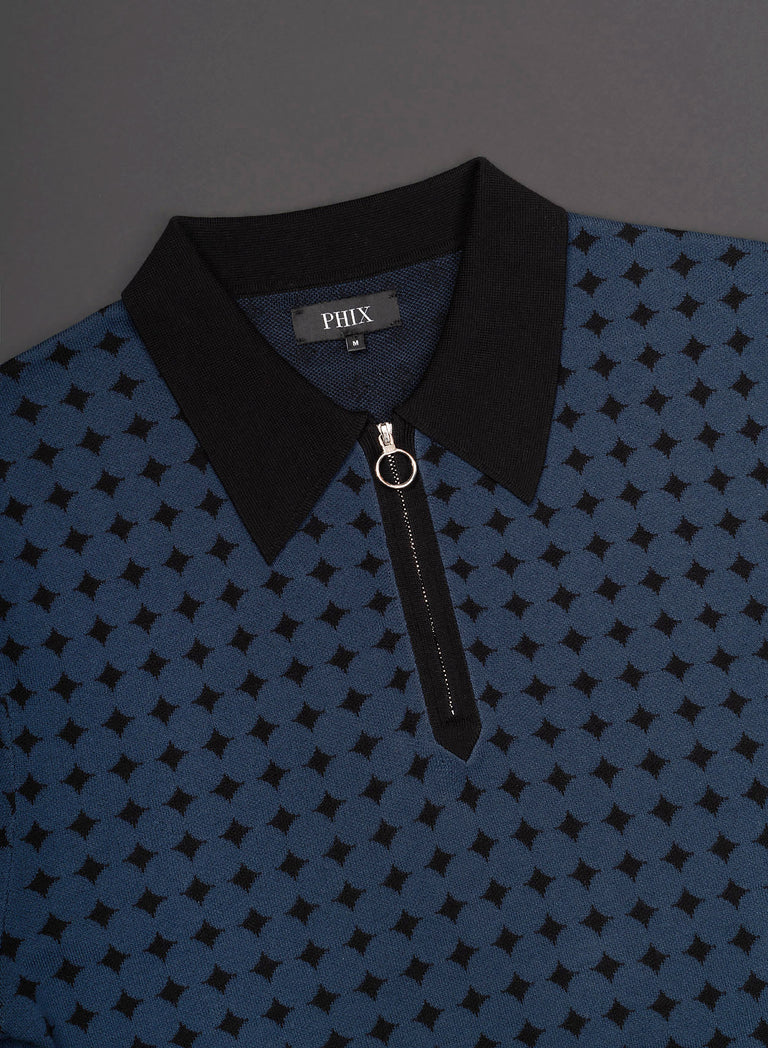 Navy Jacquard Circular Knitted Zip Polo