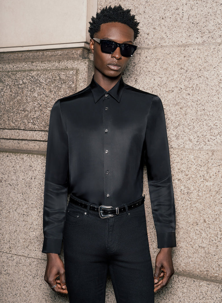 Phix X Rolling Stones Black Satin Viscose Popper Tongue Button Shirt