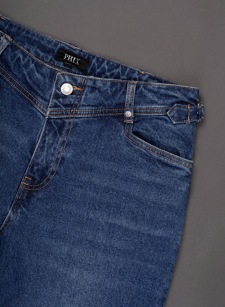 Blue V-Panel Side Buckle Flare Denim Jeans