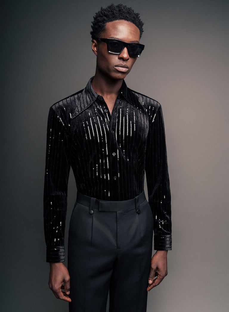 Black Velvet Dagger Collar Sequin Pinstripe Shirt