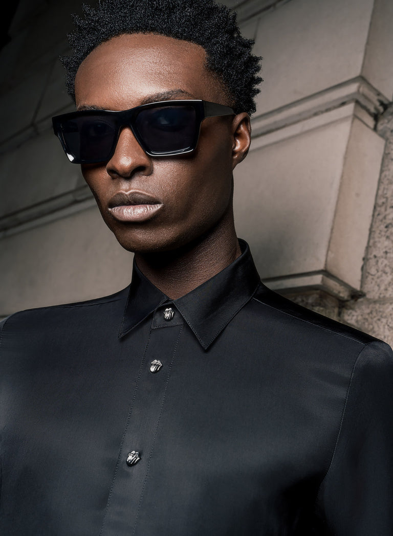 Phix X Rolling Stones Black Satin Viscose Popper Tongue Button Shirt