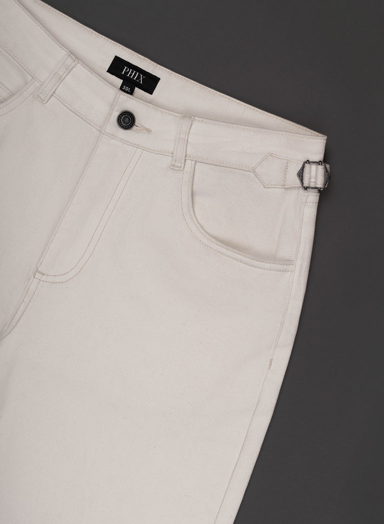 Off White High Waisted Denim Flare Side Buckle Jean