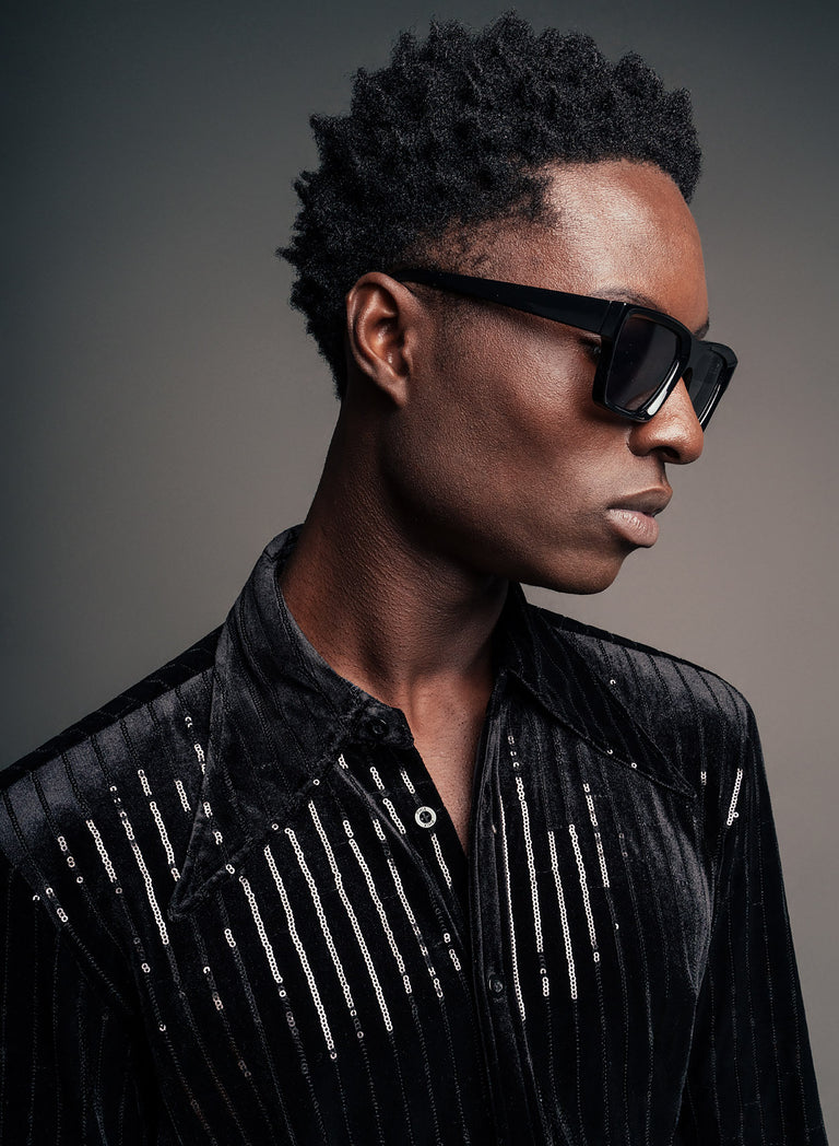 Black Velvet Dagger Collar Sequin Pinstripe Shirt