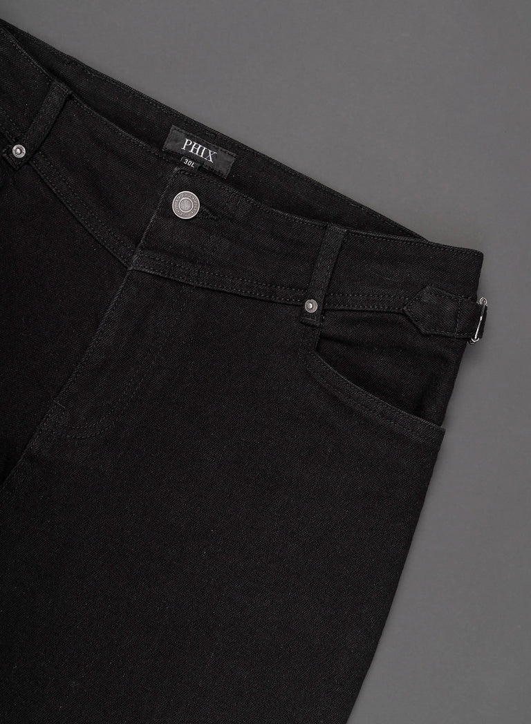 Black V-Panel Side Buckle Flare Denim Jeans