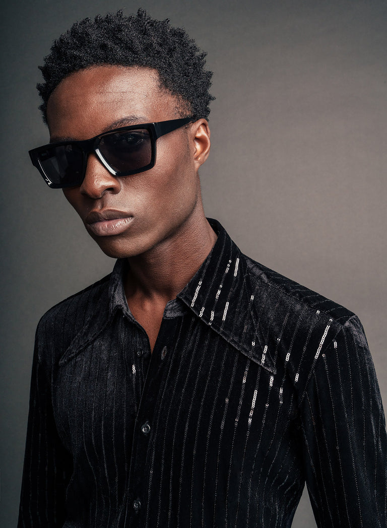 Black Velvet Dagger Collar Sequin Pinstripe Shirt