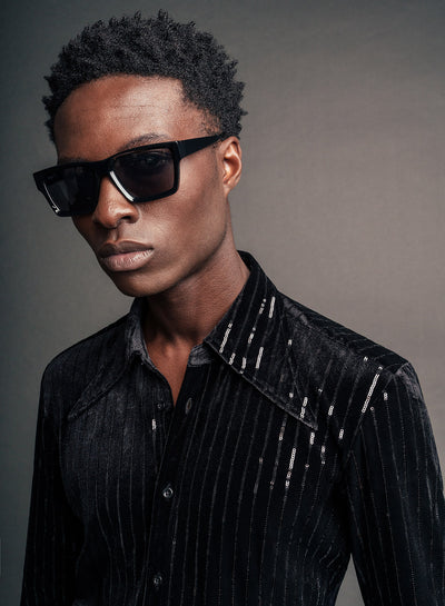 Black Velvet Dagger Collar Sequin Pinstripe Shirt