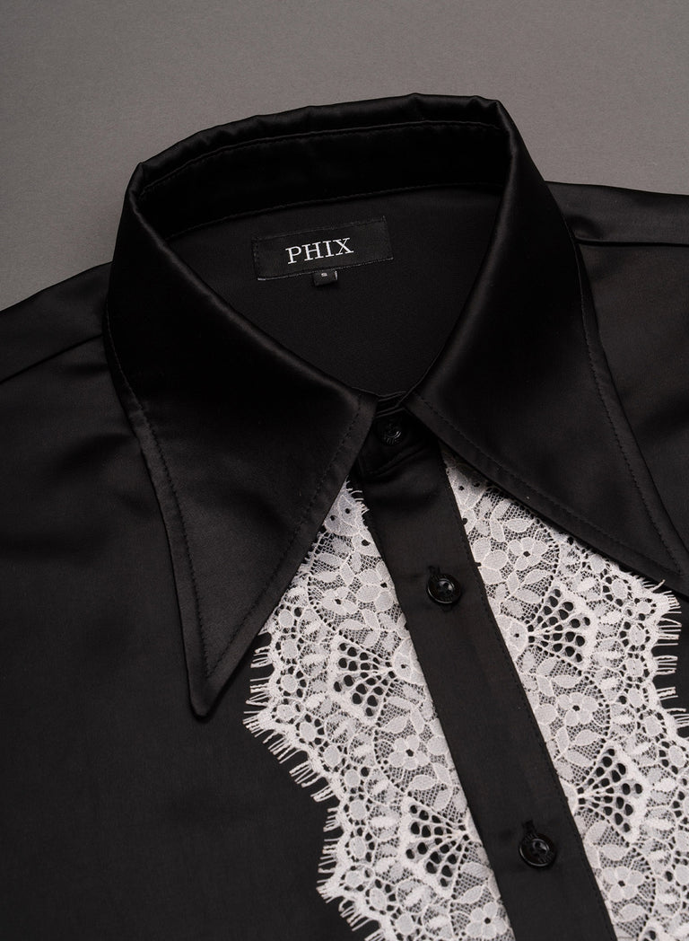 Black Satin White Lace Lapel Shirt