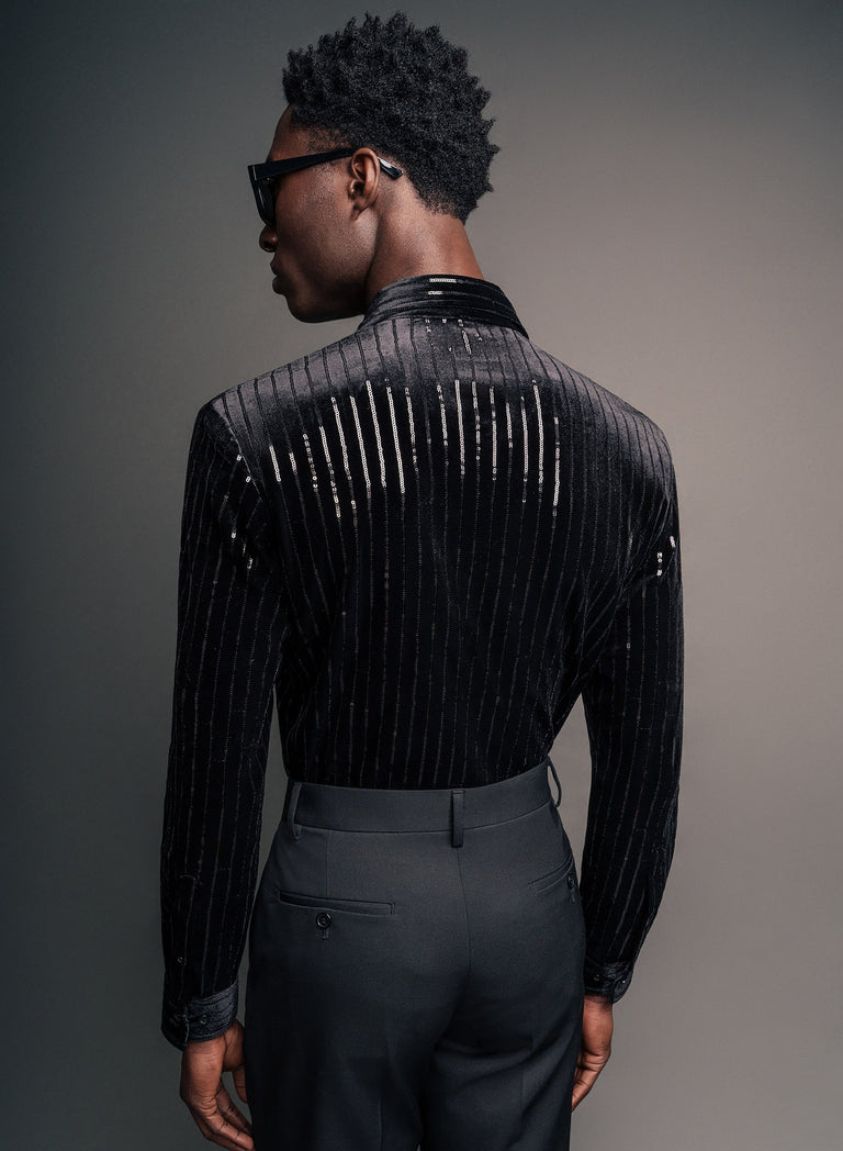 Black Velvet Dagger Collar Sequin Pinstripe Shirt