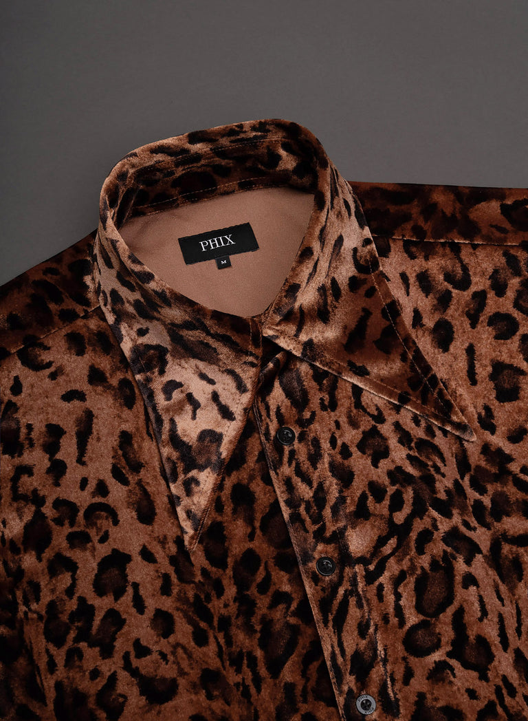 Rust Leopard Dagger Collar Velvet Shirt