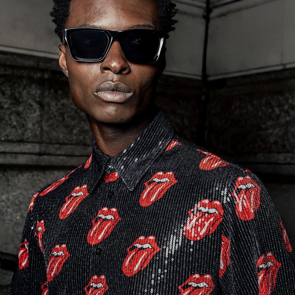 Phix X Rolling Stones Black Sequin Embellished Tongue Velvet Shirt & Phix