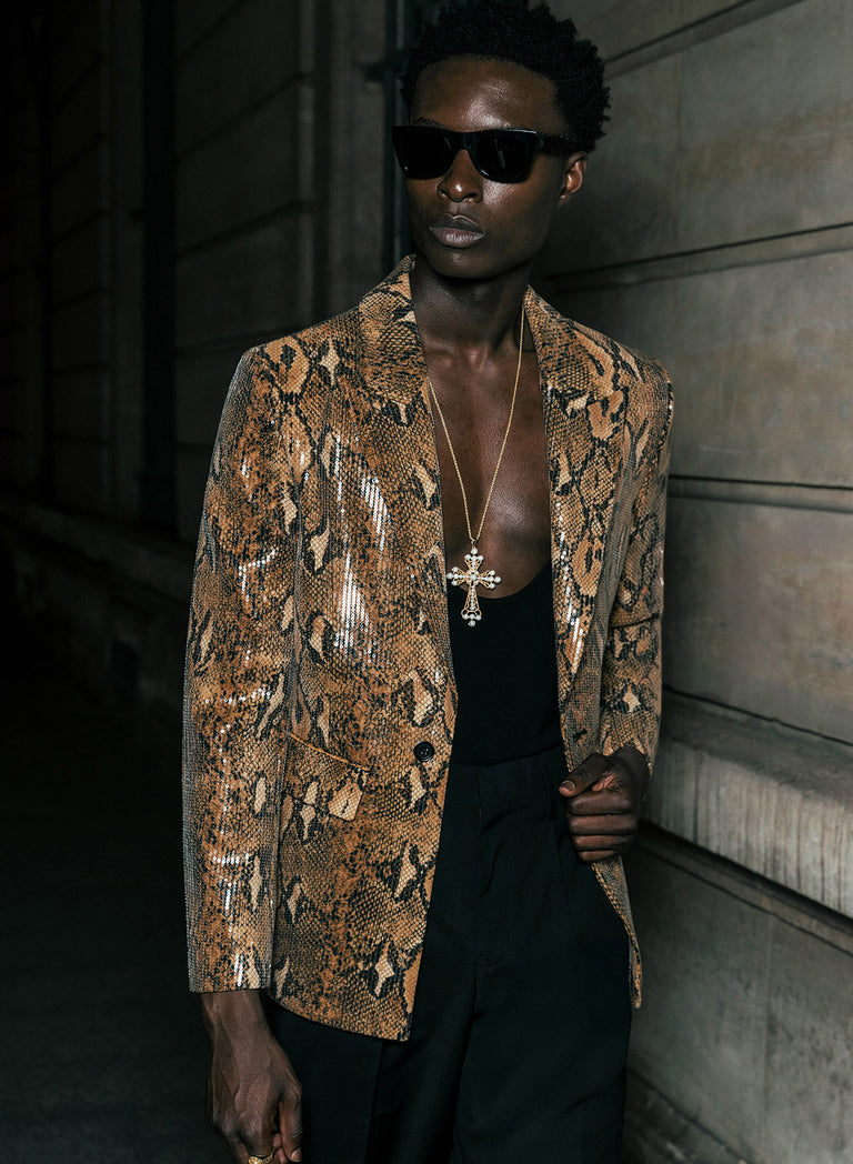 Brown Snake Effect Sequin Blazer