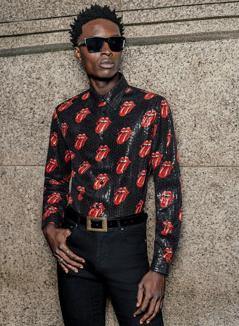 Phix X Rolling Stones Black Sequin Embellished Tongue Velvet Shirt