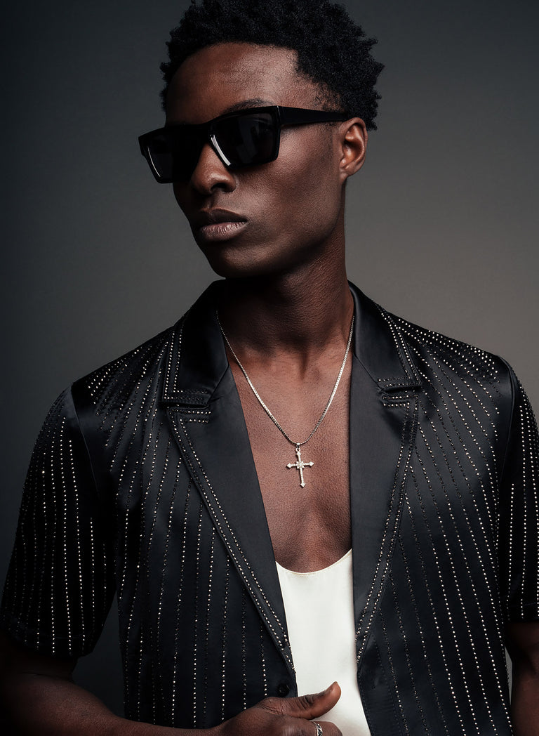 Black Satin Symmetric Short Sleeve Sequin Shirt