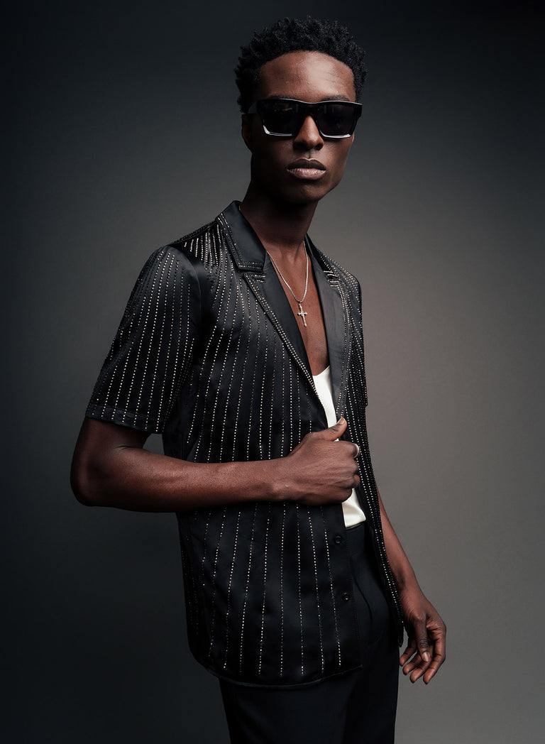 Black Satin Symmetric Short Sleeve Sequin Shirt